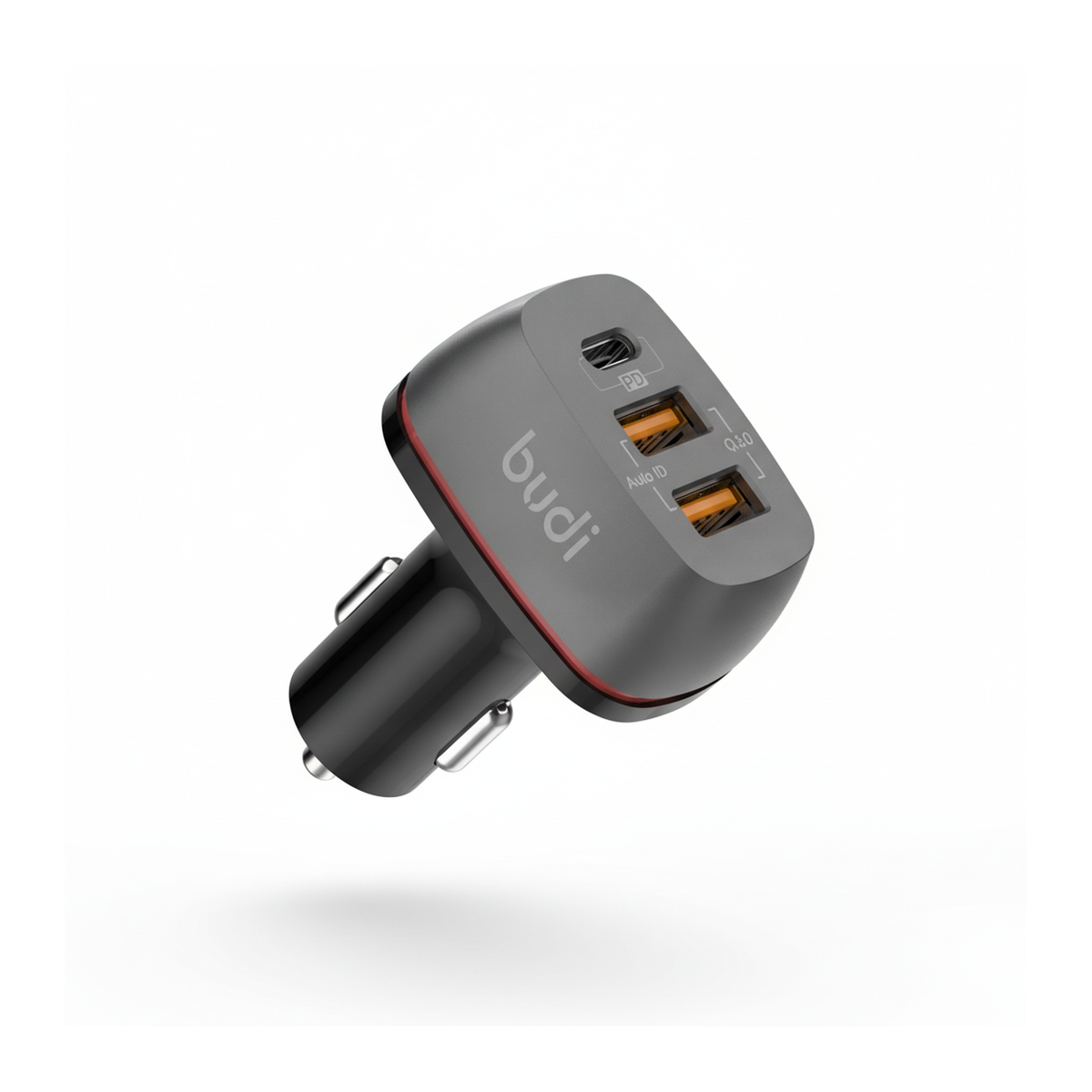 Budi Car Charger 3 Port 2 USB-A QC3.0 and USB-C PD 20W Zinc Alloy - angled right view