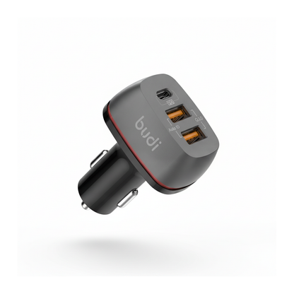 Budi Car Charger 3 Port 2 USB-A QC3.0 and USB-C PD 20W Zinc Alloy - angled right view