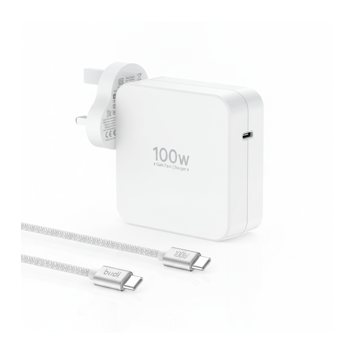 Budi 100W GaN USB-C Wall Charger UK Plug with 2M USB-C Cable - hero