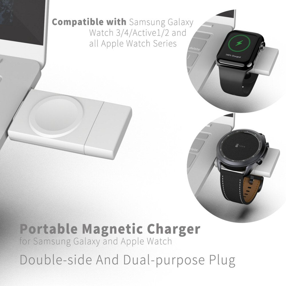 Portable Dual-Side Magnetic Charger for Smart Watches in White with USB-A / C Watch Charger FoneFunShop