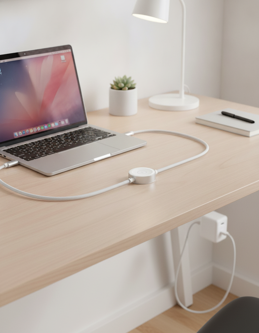 Budi 1.5M USB-C Cable 100W with Magnetic Smart Watch Charger White - in use