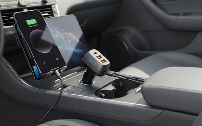 Budi Car Charger 3 Port 2 USB-A QC3.0 and USB-C PD 20W Zinc Alloy - in use