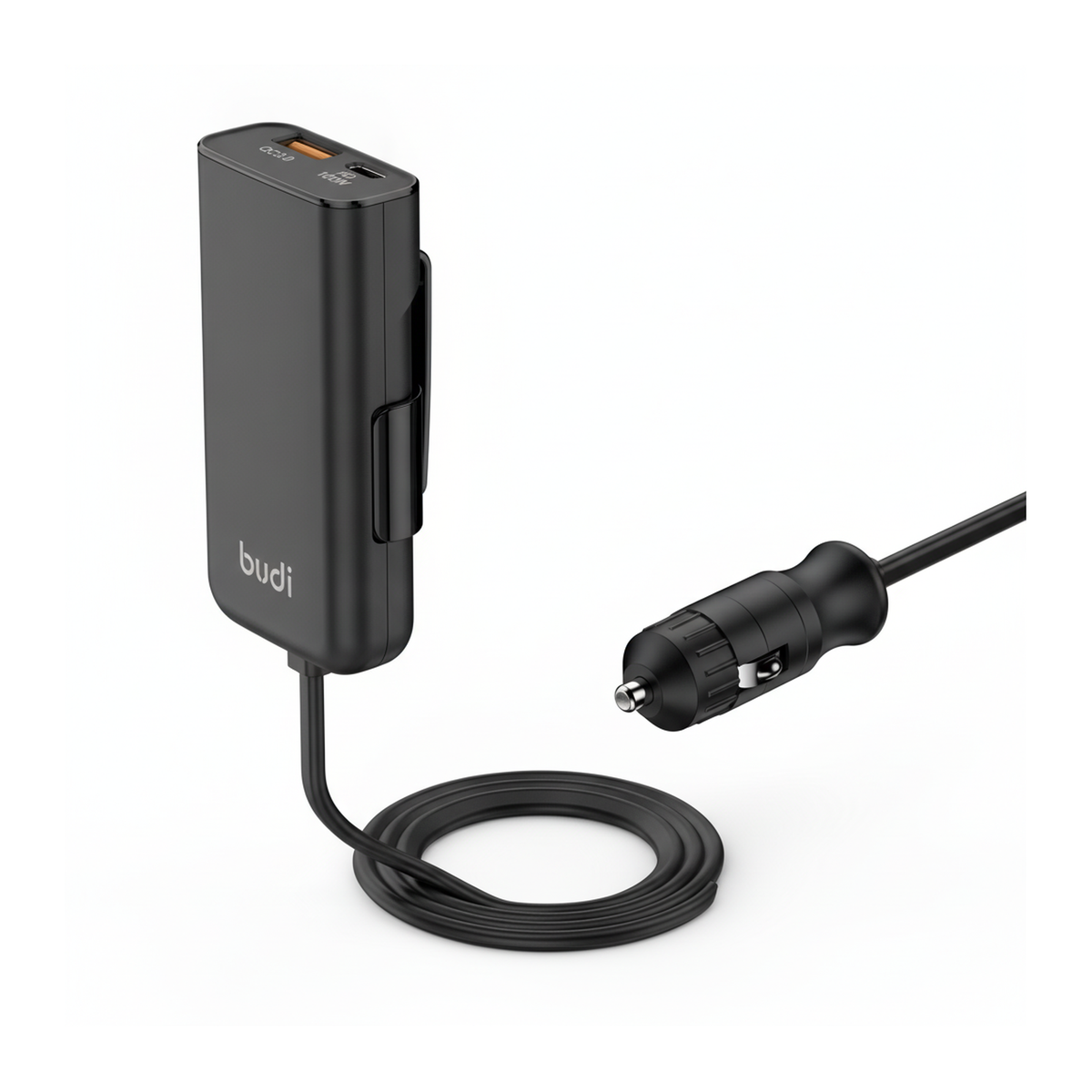 Budi 118W Car Charger PD 100W USB-C and QC 18W USB-A 1.5M Cable - angled left view