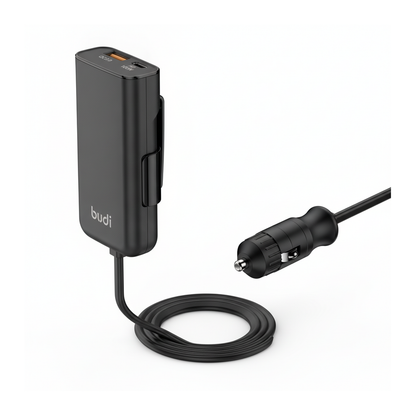 Budi 118W Car Charger PD 100W USB-C and QC 18W USB-A 1.5M Cable - angled left view