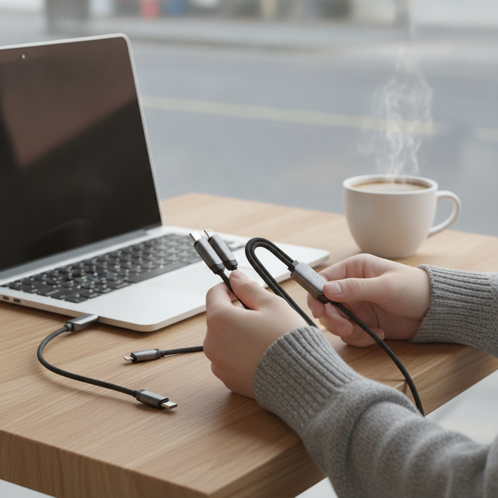 Budi 1.2M USB-C to USB-C and 8Pin Cable 2 in 1 100W PD Braided - in use 2