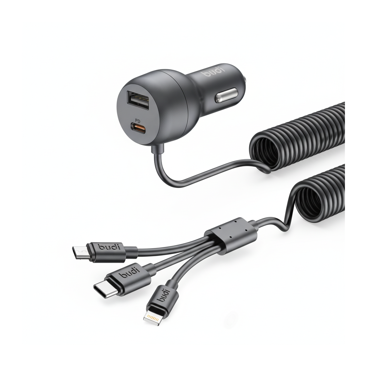 Budi 35W Car Charger with Spring Retractable 3 in 1 Cable PD 20W - angled right view