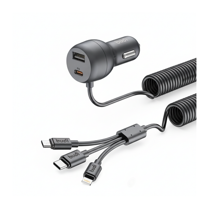 Budi 35W Car Charger with Spring Retractable 3 in 1 Cable PD 20W - angled right view
