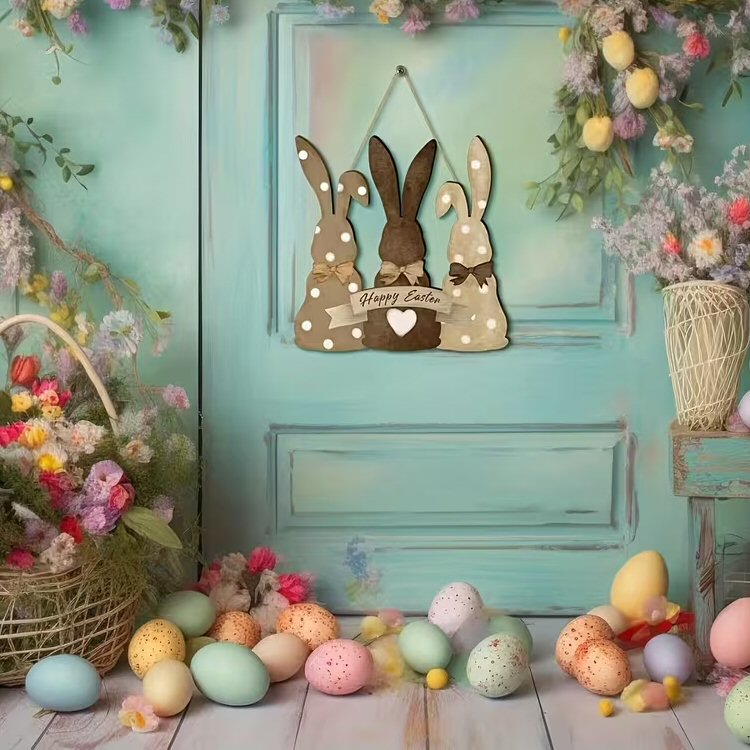 2D Traditional Easter Bunnies Wooden Door Sign Festive FoneFunShop