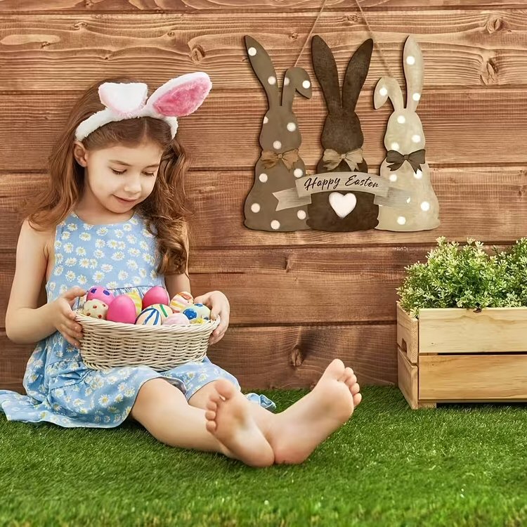 2D Traditional Easter Bunnies Wooden Door Sign Festive FoneFunShop