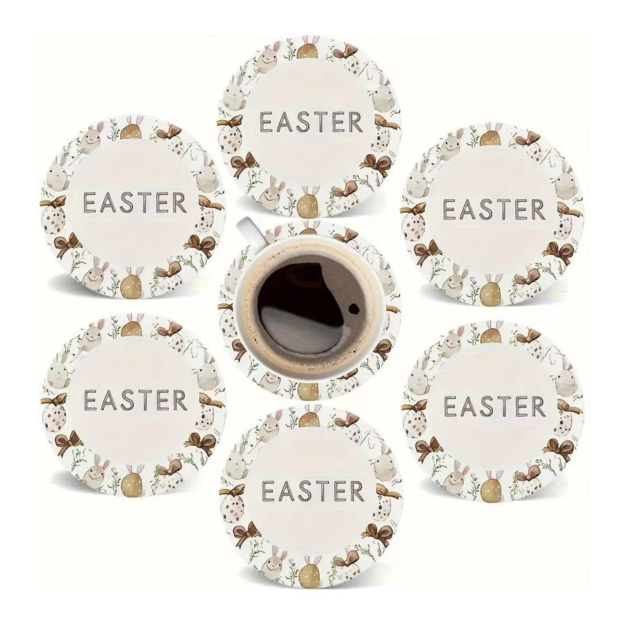 6pcs Easter Bunny & Egg Wooden Coasters Set - Festive Table & Home Decor Festive FoneFunShop