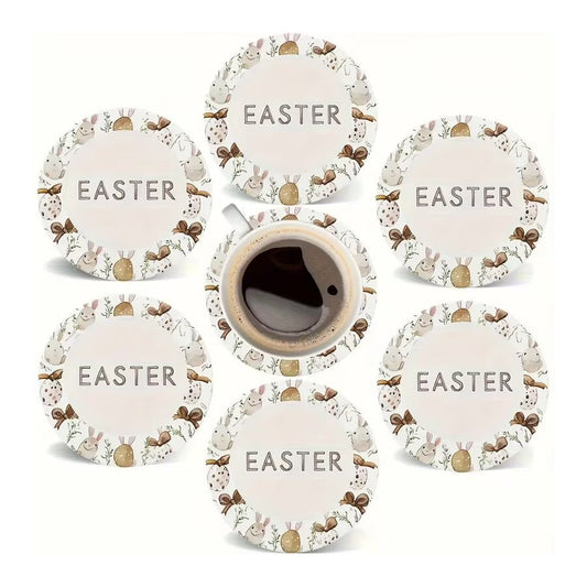 6pcs Easter Bunny & Egg Wooden Coasters Set - Festive Table & Home Decor Festive FoneFunShop