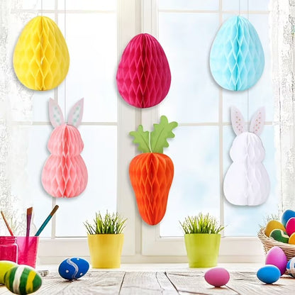 6pcs Easter Honeycomb Hanging Ornaments Carrot Rabbit Egg Pattern Paper Decorations Festive FoneFunShop