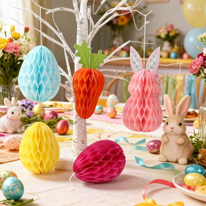 6pcs Easter Honeycomb Hanging Ornaments Carrot Rabbit Egg Pattern Paper Decorations Festive FoneFunShop