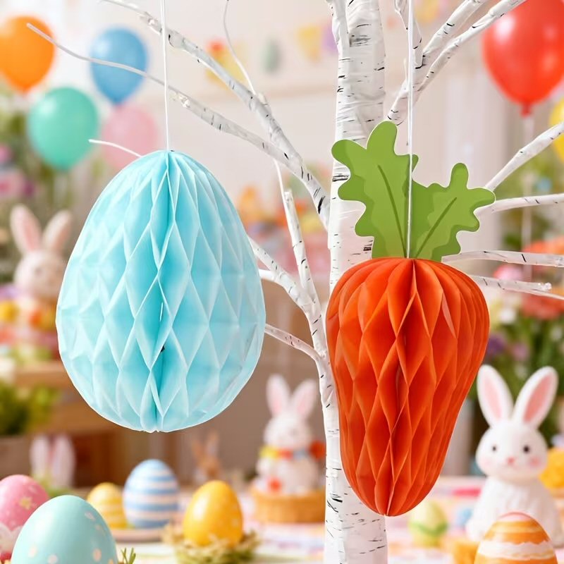 6pcs Easter Honeycomb Hanging Ornaments Carrot Rabbit Egg Pattern Paper Decorations Festive FoneFunShop
