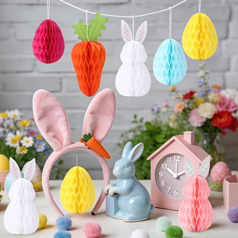 6pcs Easter Honeycomb Hanging Ornaments Carrot Rabbit Egg Pattern Paper Decorations Festive FoneFunShop