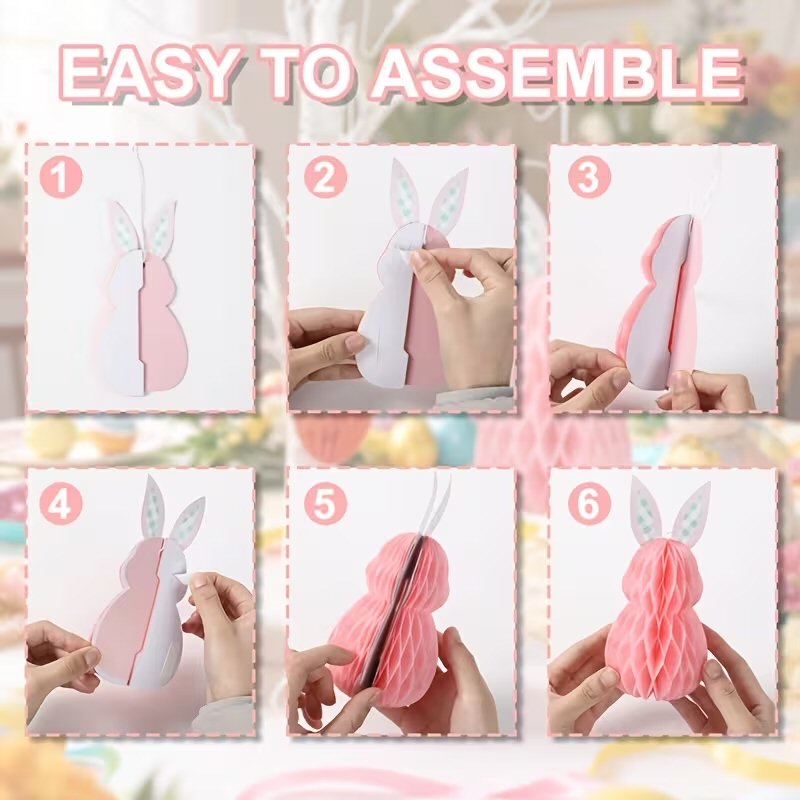 6pcs Easter Honeycomb Hanging Ornaments Carrot Rabbit Egg Pattern Paper Decorations Festive FoneFunShop