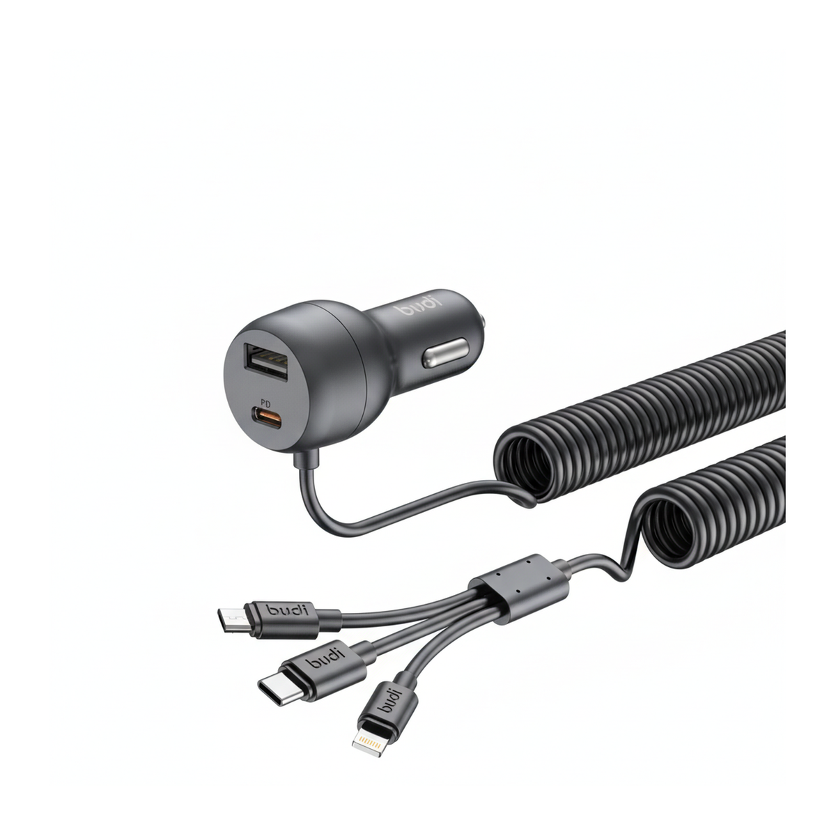 Budi 35W Car Charger with Spring Retractable 3 in 1 Cable PD 20W - side view