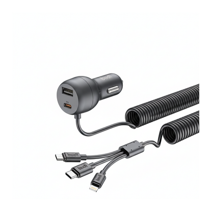 Budi 35W Car Charger with Spring Retractable 3 in 1 Cable PD 20W - side view