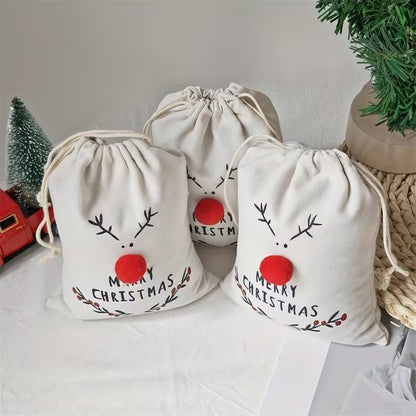 Christmas Reindeer Drawstring Gift Bags 3D Treat Canvas Party Pouches - Pack of 5 Christmas FoneFunShop