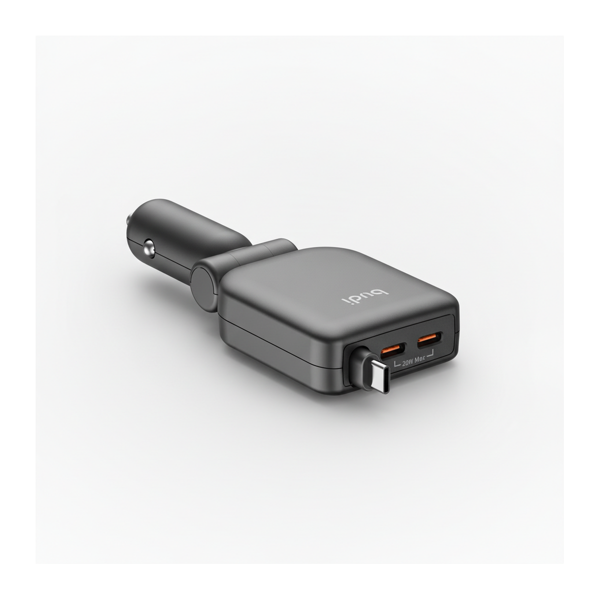 Budi 50W 3-Port Car Charger with 72cm Retractable USB-C Cable - studio shot