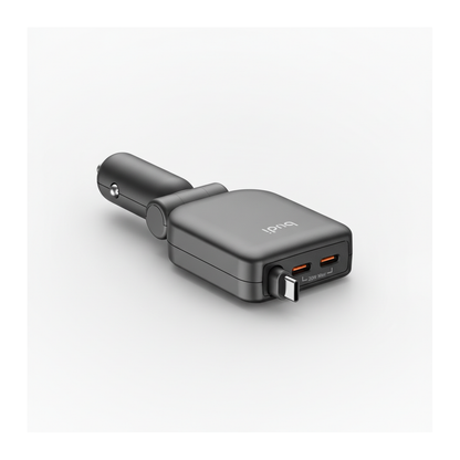 Budi 50W 3-Port Car Charger with 72cm Retractable USB-C Cable - studio shot