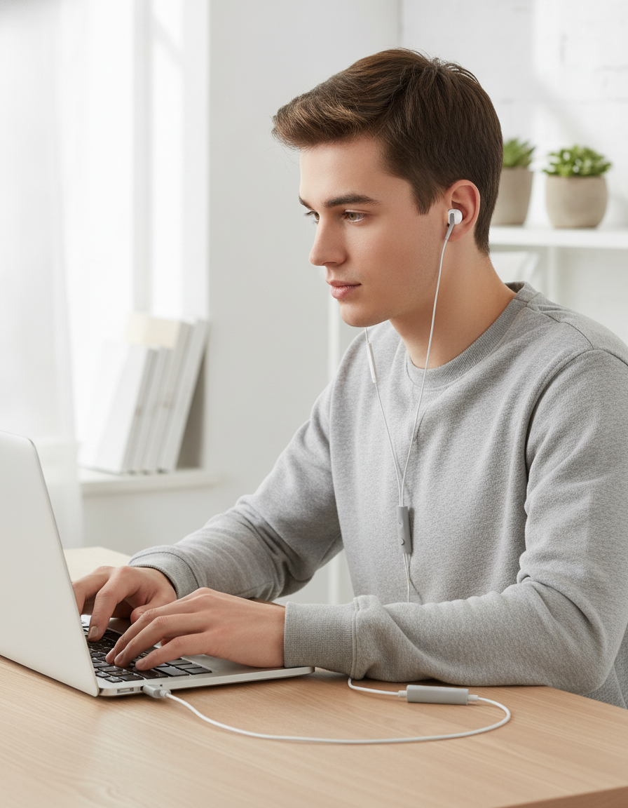 Budi EP39T USB-C Wired Earphones with Mic Sweatproof Ear Tips - in use