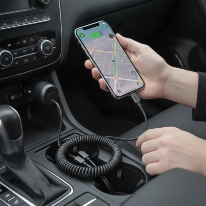 Budi 35W Car Charger with Spring Retractable 3 in 1 Cable PD 20W - in use 2