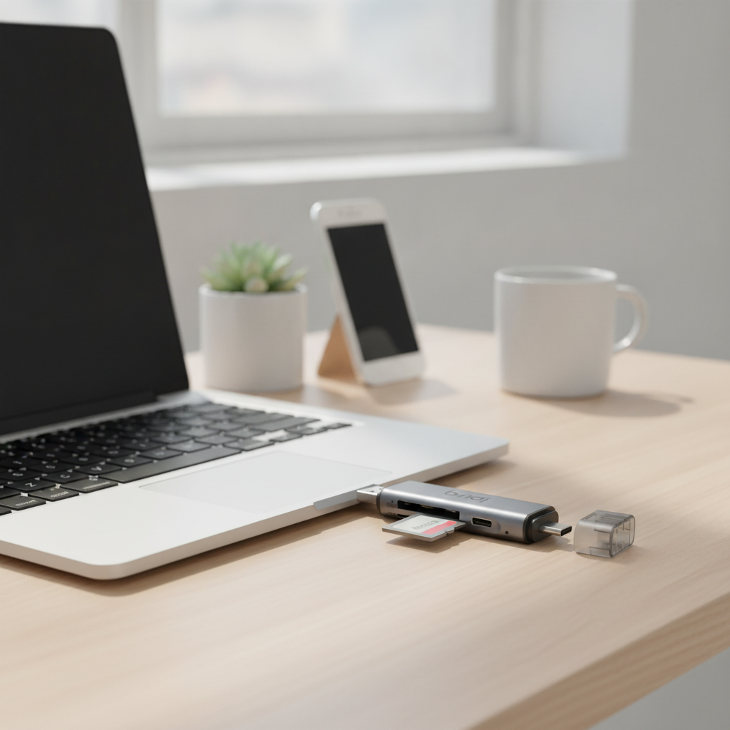 Budi USB-C and USB-A Card Reader with USB-C Hub SD TF 5Gbps - in use