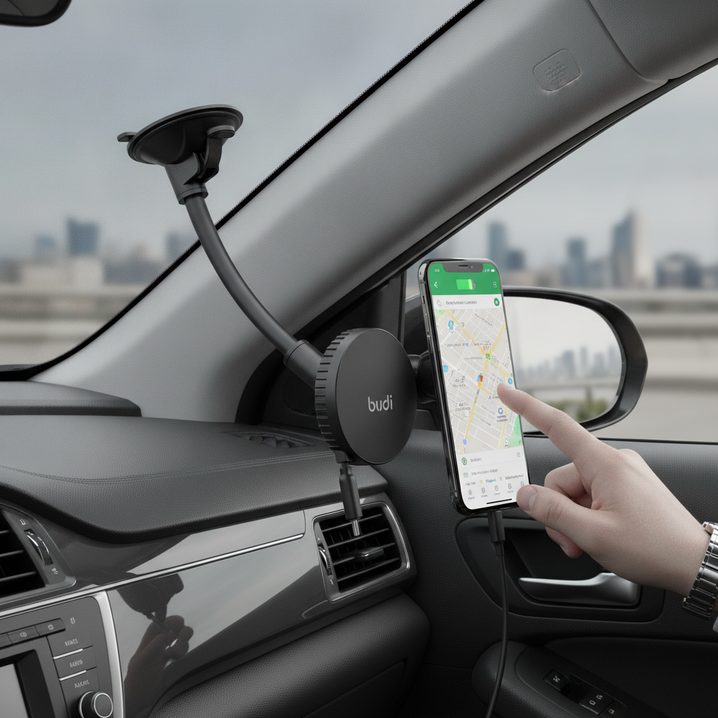 Budi Magnetic Wireless Car Charger Holder 15W Windscreen and Vent - in use 2