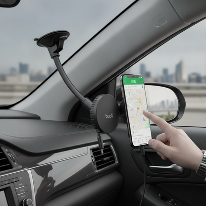 Budi Magnetic Wireless Car Charger Holder 15W Windscreen and Vent - in use 2