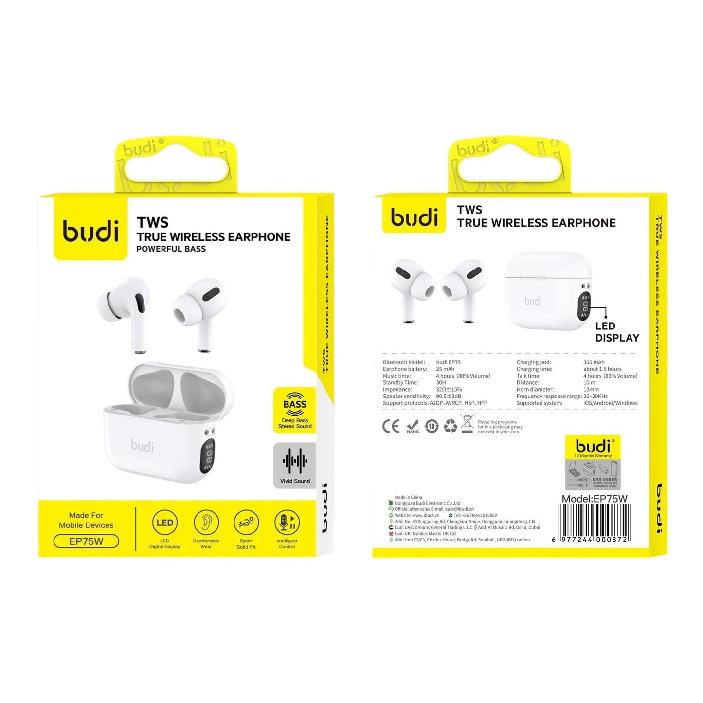 Budi TWS True Wireless Earphone Powerful Base in White Earphones FoneFunShop