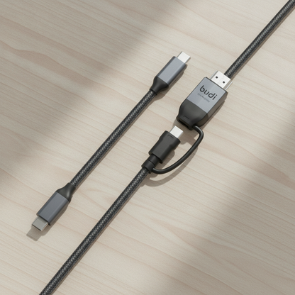 Budi USB-C to USB-C and 4K HDMI Cable 2M Braided 10Gbps 65W Charging - lifestyle