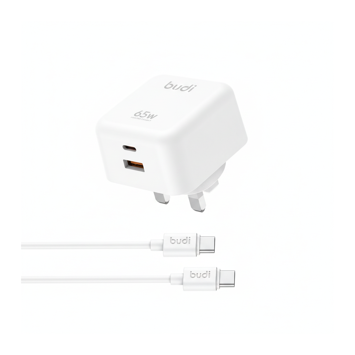Budi 65W GaN Wall Charger USB-C PD and USB-A QC Dual Port UK Plug - top view