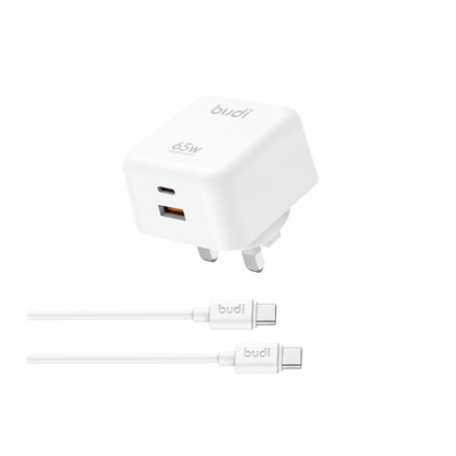 Budi 65W GaN Wall Charger USB-C PD and USB-A QC Dual Port UK Plug - top view