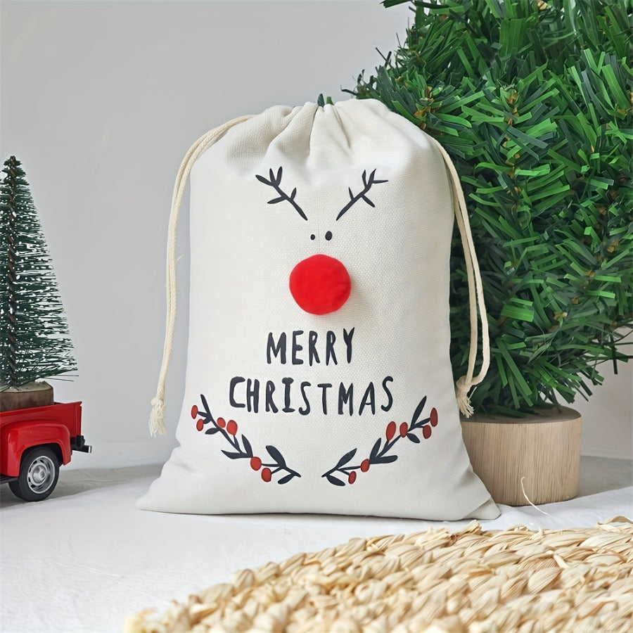 Christmas Canvas Drawstring Gift Bags 3D Reindeer Treat Party Pouches - 10PCS