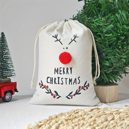 Christmas Canvas Drawstring Gift Bags 3D Reindeer Treat Party Pouches - 10PCS