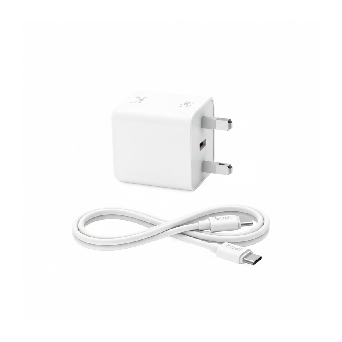 Budi 65W GaN Wall Charger USB-C PD and USB-A QC Dual Port UK Plug - side view