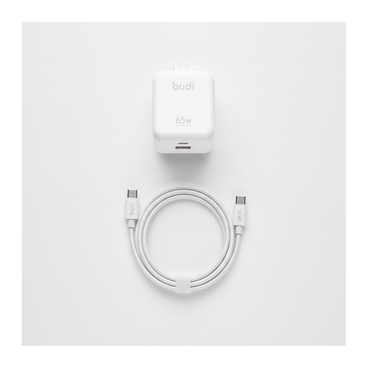 Budi 65W GaN Wall Charger USB-C PD and USB-A QC Dual Port UK Plug - top view