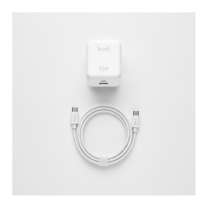 Budi 65W GaN Wall Charger USB-C PD and USB-A QC Dual Port UK Plug - top view