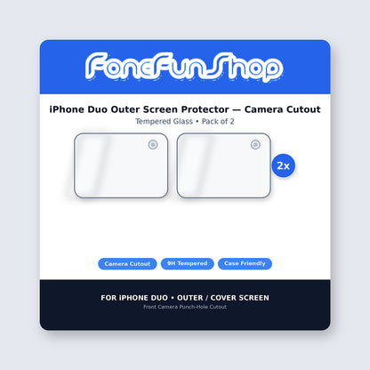 FoneFunShop packaging — iPhone Duo outer screen protector tempered glass pack of 2 with front camera cutout