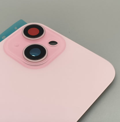 Glass Back For iPhone 15 Pink Battery Door Camera Lens Bezel Magnetism Ring + Metal Plate With Logo (OEM Used Pulled Part)