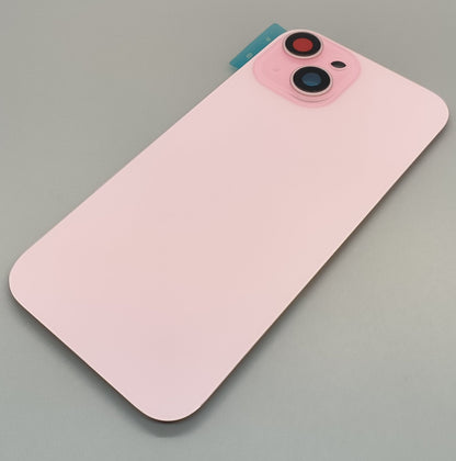 Glass Back For iPhone 15 Pink Battery Door Camera Lens Bezel Magnetism Ring + Metal Plate With Logo (OEM Used Pulled Part)