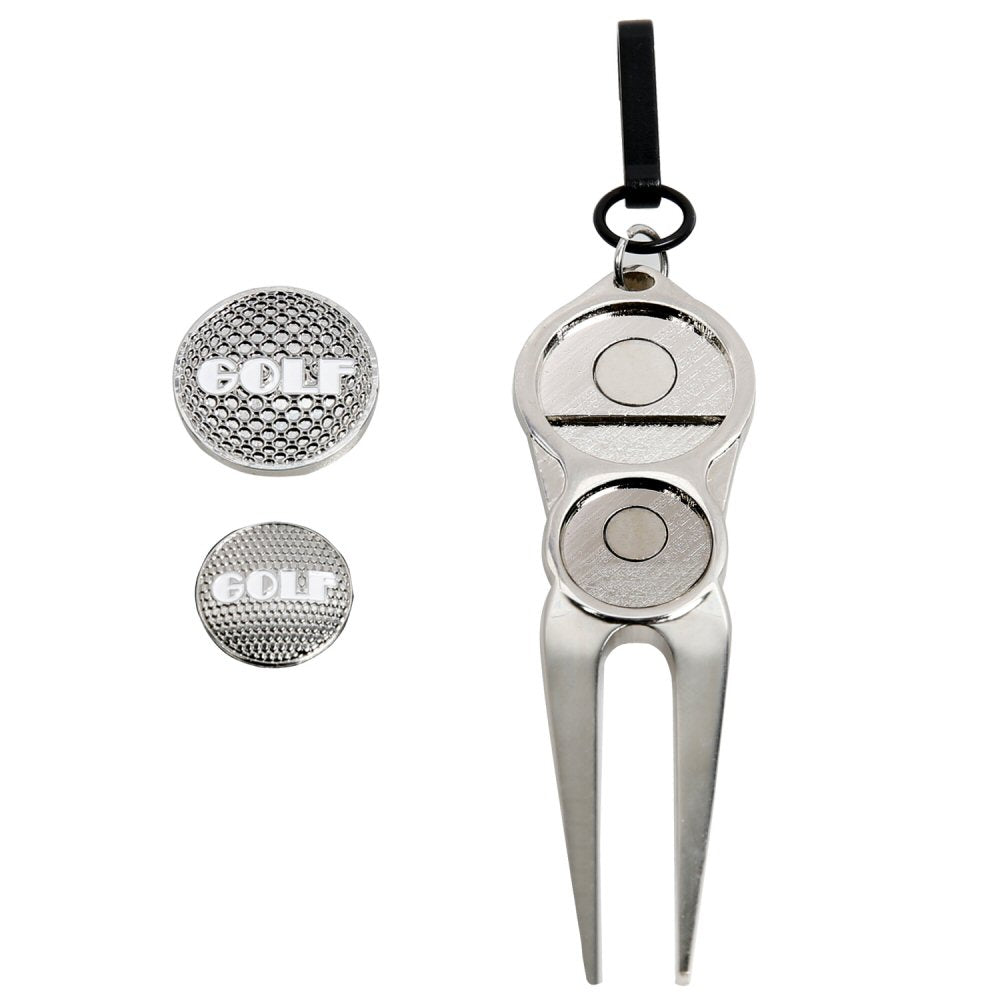 Golf Divot Pitch Mark Repair Tool Fork with 2 Magnetic Golf Ball Markers Silver Golf Accessorise FoneFunShop