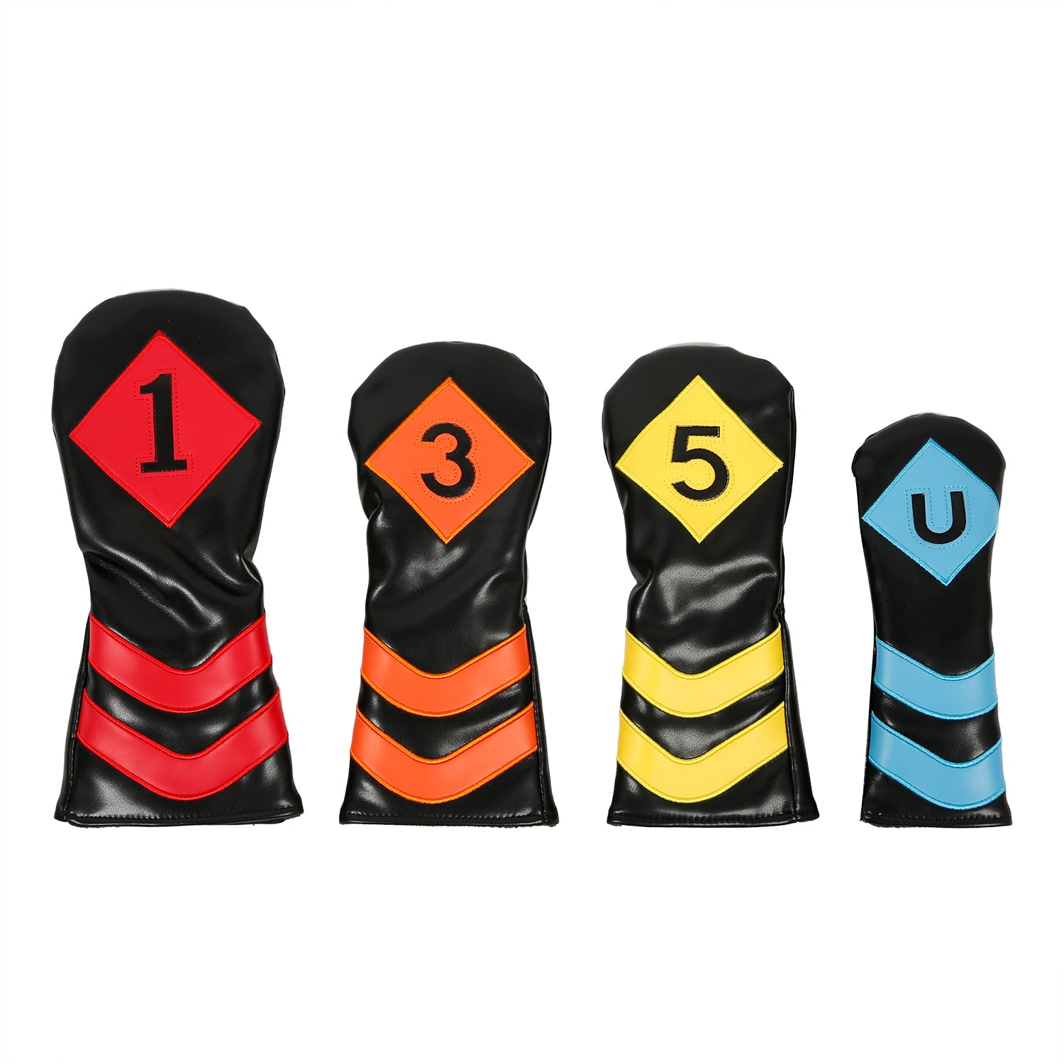 Leather Golf Covers Driver 1 3 5 U Headcovers 4 Piece Set Black with Multicoloured Golf Accessorise FoneFunShop
