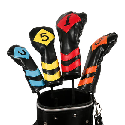 Leather Golf Covers Driver 1 3 5 U Headcovers 4 Piece Set Black with Multicoloured Golf Accessorise FoneFunShop
