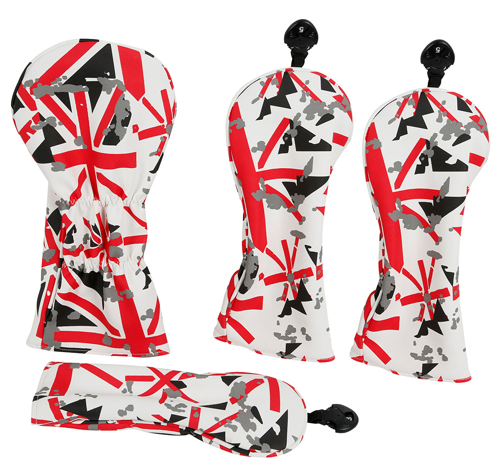 Golf Driver Head Cover 4 Piece Set | Fits #1 Driver, #3 Wood, #5 Wood, #U Utility Club | Protective Headcovers British Flag Union Jack Red Golf Accessorise FoneFunShop