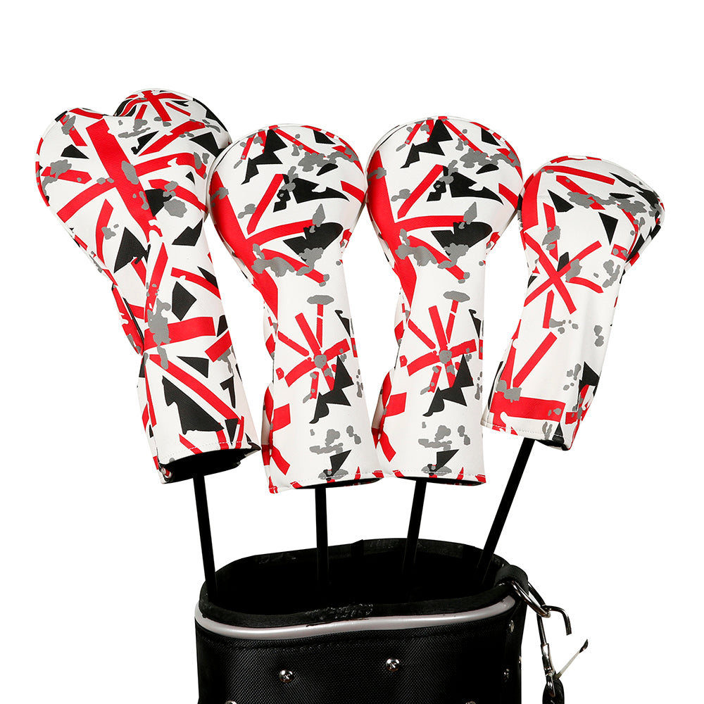 Golf Driver Head Cover 4 Piece Set | Fits #1 Driver, #3 Wood, #5 Wood, #U Utility Club | Protective Headcovers British Flag Union Jack Red Golf Accessorise FoneFunShop