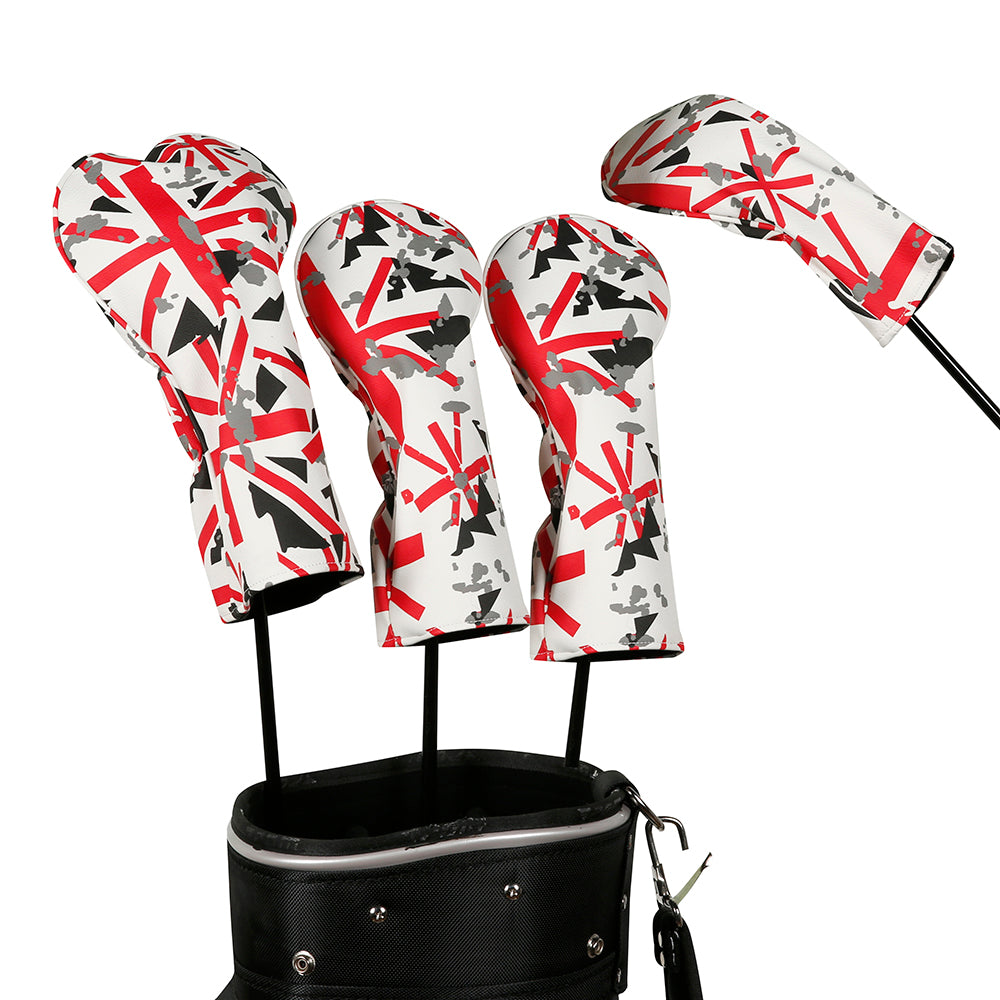 Golf Driver Head Cover 4 Piece Set | Fits #1 Driver, #3 Wood, #5 Wood, #U Utility Club | Protective Headcovers British Flag Union Jack Red Golf Accessorise FoneFunShop
