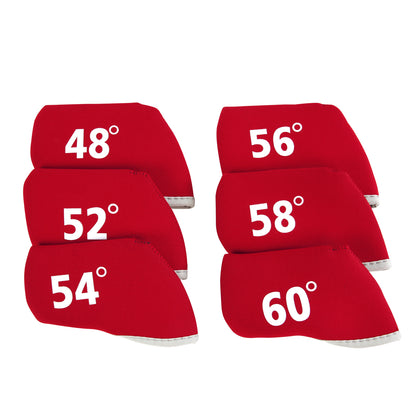 Golf Club Wedge Head Covers 6 Piece Set 48, 52, 54, 56, 58, 60 Degrees Headcover Protectors Red with White Numbers. Golf Accessorise FoneFunShop