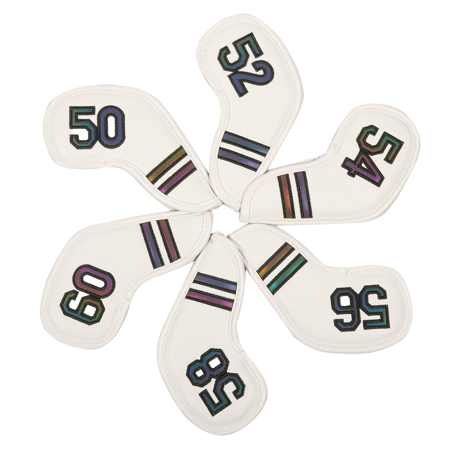 Golf Club Wedge Head Covers 6 Piece Set 50, 52, 54, 56, 58, 60 Degrees Headcover Protectors White with Rainbow Coloured Numbers Golf Accessorise FoneFunShop